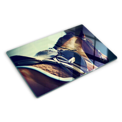 Deska kuchenna szklana z nadrukiem z motywem koni oraz praktycznymi akcesoriami jeździeckimi