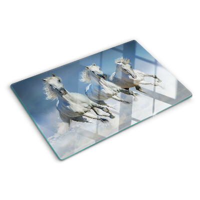 Szklana deska do krojenia z motywem białych koni w galopie