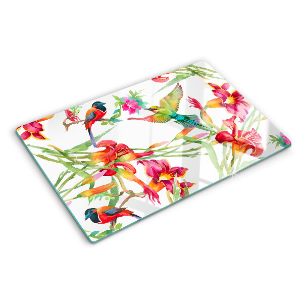 Deska kuchenna szklana z nadrukiem kwiatów i egzotycznych ptaków