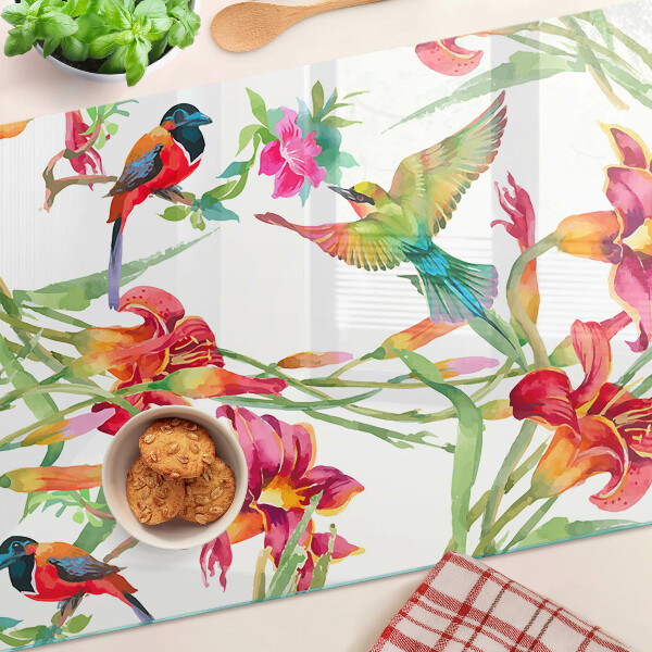 Deska kuchenna szklana z nadrukiem kwiatów i egzotycznych ptaków