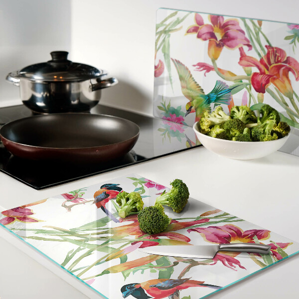 Deska kuchenna szklana z nadrukiem kwiatów i egzotycznych ptaków