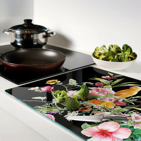 Deska kuchenna szklana z motywem kwiatów i ptaków