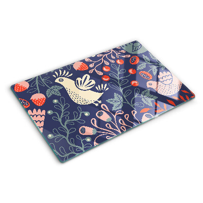 Szklana deska kuchenna z motywem ptaków i owoców w stylu folkowym