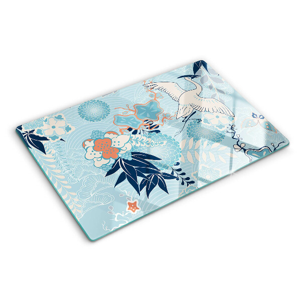 Deska kuchenna szklana z motywem kwiatów i ptaków w stylu orientalnym