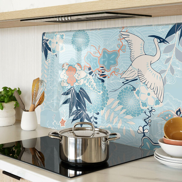 Deska kuchenna szklana z motywem kwiatów i ptaków w stylu orientalnym
