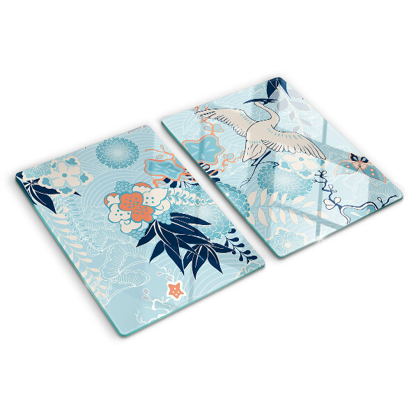 Deska kuchenna szklana z motywem kwiatów i ptaków w stylu orientalnym