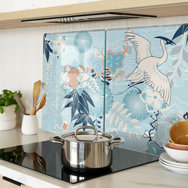 Deska kuchenna szklana z motywem kwiatów i ptaków w stylu orientalnym