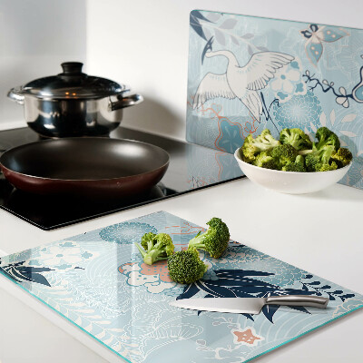 Deska kuchenna szklana z motywem kwiatów i ptaków w stylu orientalnym