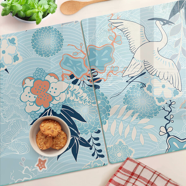 Deska kuchenna szklana z motywem kwiatów i ptaków w stylu orientalnym