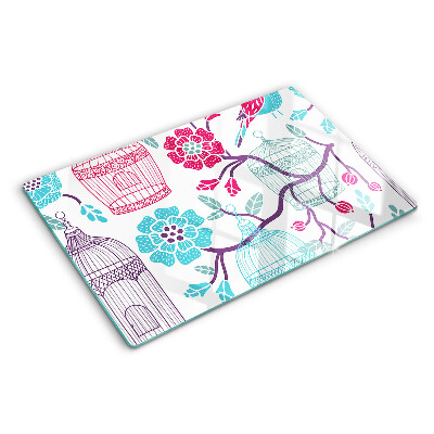 Deska kuchenna szklana z dekoracją ptaków i klatek w motywie kwiatowym