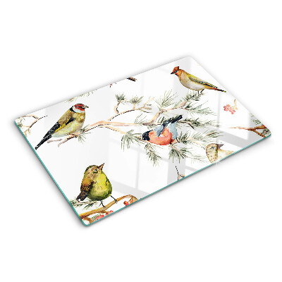 Szklana deska kuchenna z motywem ptaków siedzących na gałęziach z owocami