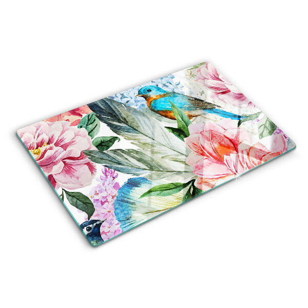 Deska kuchenna szklana z motywem kwiatów i ptaków w stylu akwareli