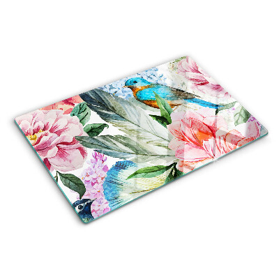 Deska kuchenna szklana z motywem kwiatów i ptaków w stylu akwareli