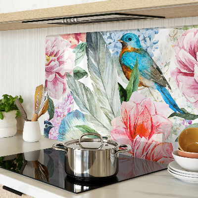 Deska kuchenna szklana z motywem kwiatów i ptaków w stylu akwareli