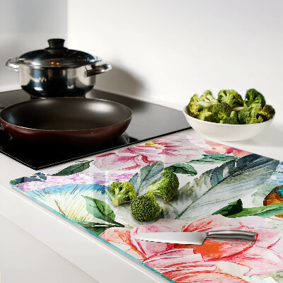 Deska kuchenna szklana z motywem kwiatów i ptaków w stylu akwareli