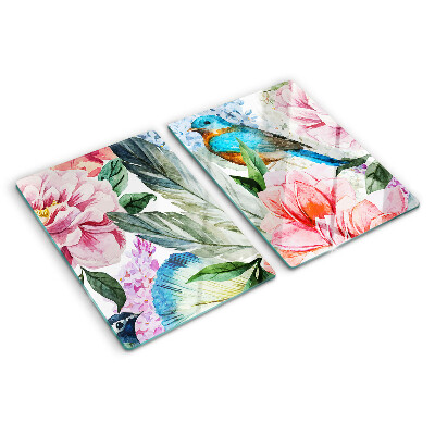 Deska kuchenna szklana z motywem kwiatów i ptaków w stylu akwareli