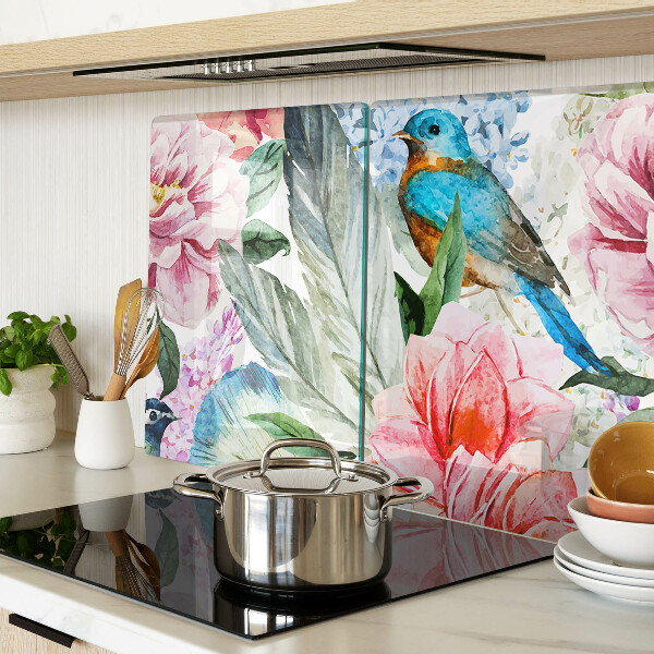 Deska kuchenna szklana z motywem kwiatów i ptaków w stylu akwareli