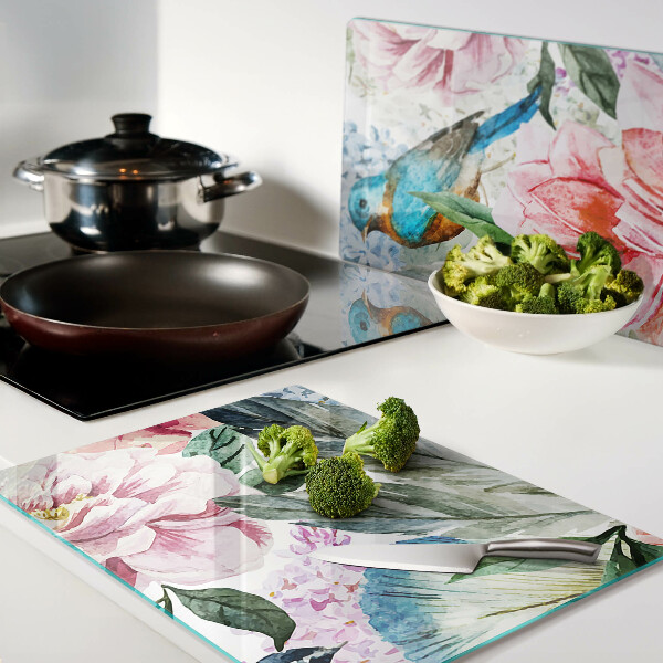 Deska kuchenna szklana z motywem kwiatów i ptaków w stylu akwareli
