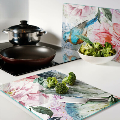 Deska kuchenna szklana z motywem kwiatów i ptaków w stylu akwareli