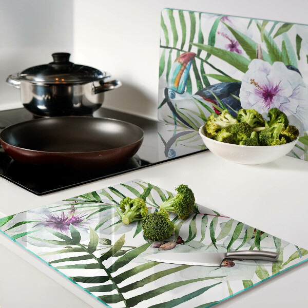 Szklana deska do krojenia z tropikalnym motywem ptaków i roślin