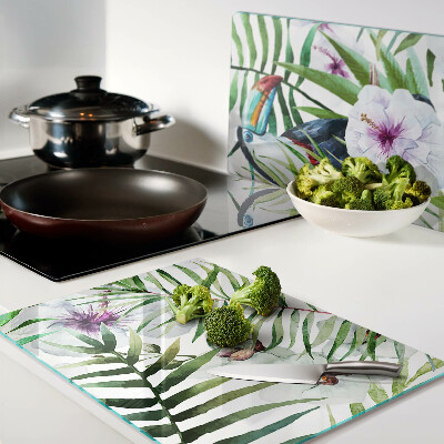 Szklana deska do krojenia z tropikalnym motywem ptaków i roślin