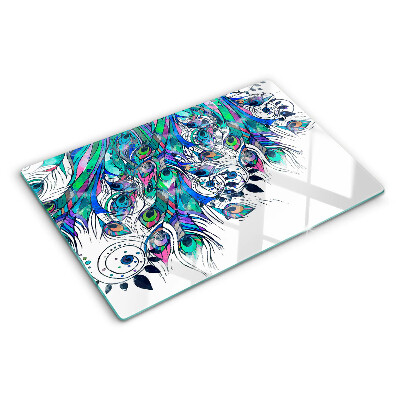 Szklana deska do krojenia z motywem piór pawia w odcieniach zieleni i niebieskiego