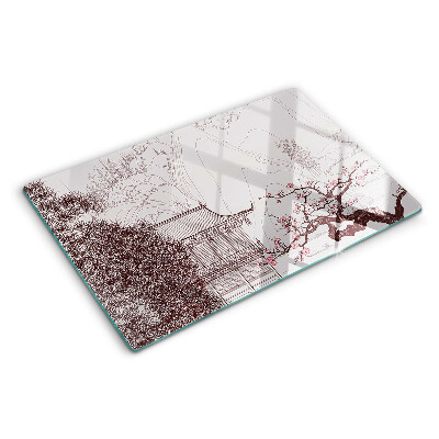 Szklana deska kuchenna z motywem krajobrazu górskiego z kwitnącymi drzewami