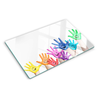 Szklana deska do krojenia z nadrukiem kolorowych uśmiechniętych dłoni
