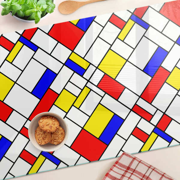 Szklana deska do krojenia z dekoracją w geometryczny wzór inspirowany Mondrianem