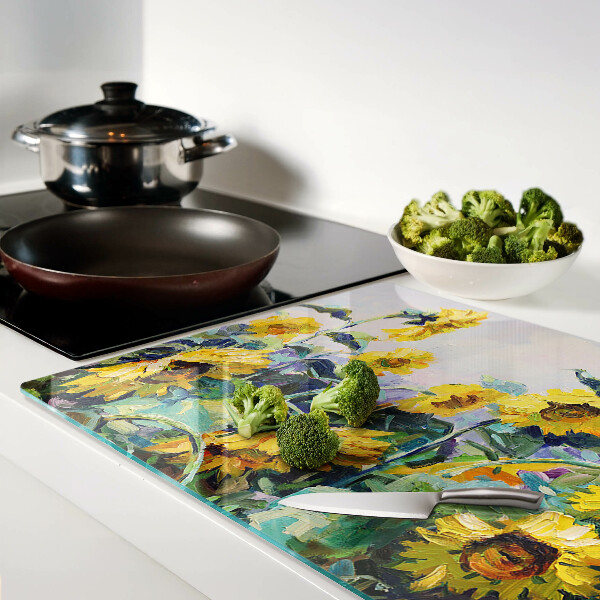 Deska kuchenna szklana z motywem słoneczników w ogrodzie