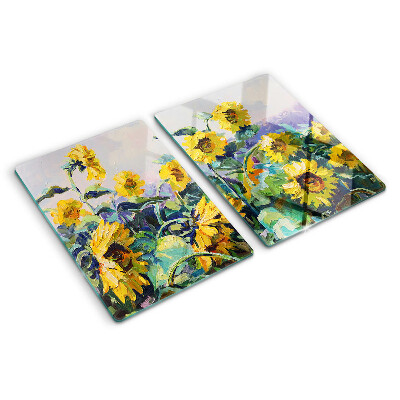 Deska kuchenna szklana z motywem słoneczników w ogrodzie