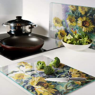 Deska kuchenna szklana z motywem słoneczników w ogrodzie