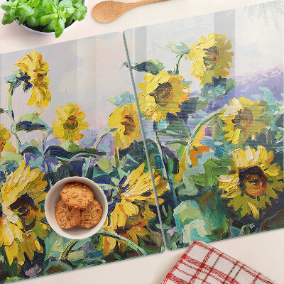 Deska kuchenna szklana z motywem słoneczników w ogrodzie