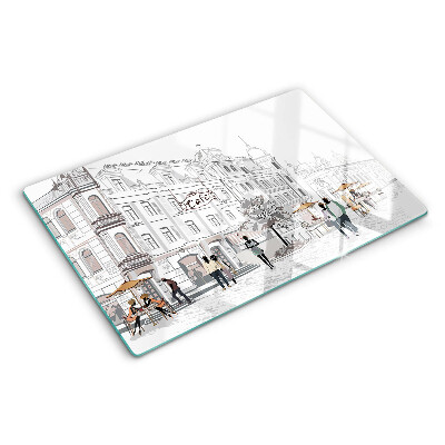 Deska kuchenna szklana z nadrukiem kawiarniowej scenerii w miejskim stylu