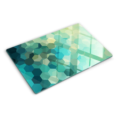 Szklana deska do krojenia z motywem geometrycznych heksagonów w odcieniach błękitu