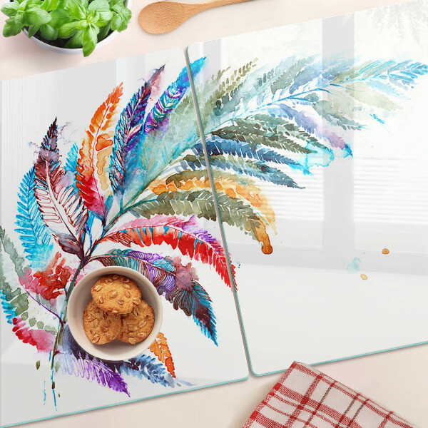 Szklana deska kuchenna z motywem liści paproci w kolorach tęczy