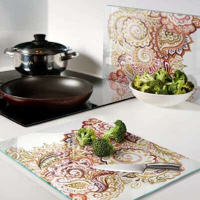 Deska kuchenna szklana z motywem paisley w odcieniach czerwieni i złota