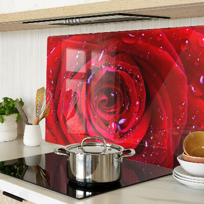 Deska kuchenna szklana z motywem czerwonej róży z kroplami wody