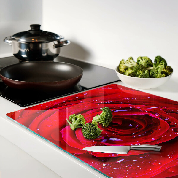 Deska kuchenna szklana z motywem czerwonej róży z kroplami wody