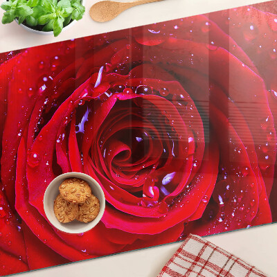 Deska kuchenna szklana z motywem czerwonej róży z kroplami wody