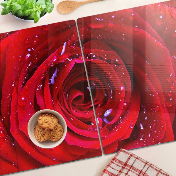 Deska kuchenna szklana z motywem czerwonej róży z kroplami wody