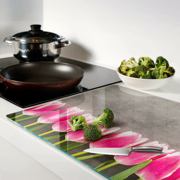 Szklana deska do krojenia z motywem tulipanów na szarym tle
