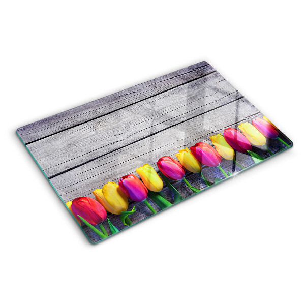 Deska kuchenna szklana z motywem tulipanów na tle drewnianym