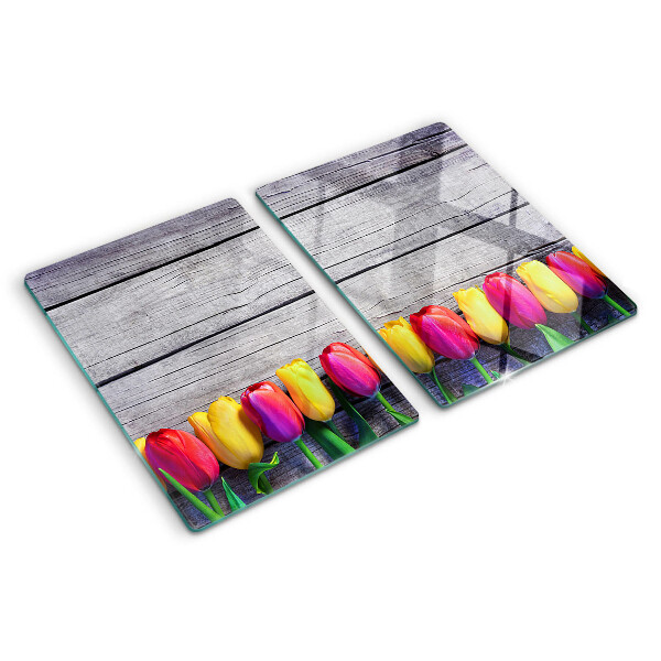 Deska kuchenna szklana z motywem tulipanów na tle drewnianym