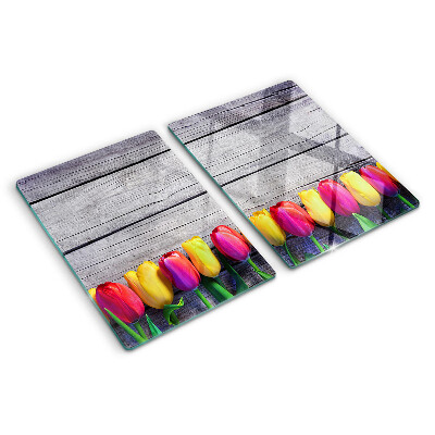 Deska kuchenna szklana z motywem tulipanów na tle drewnianym