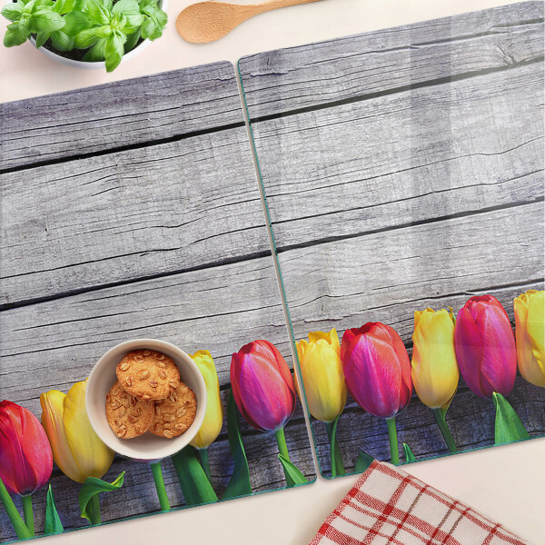Deska kuchenna szklana z motywem tulipanów na tle drewnianym