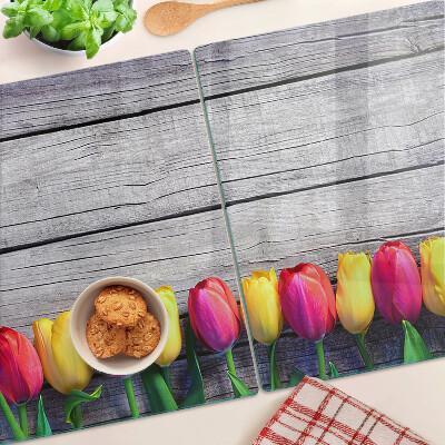 Deska kuchenna szklana z motywem tulipanów na tle drewnianym