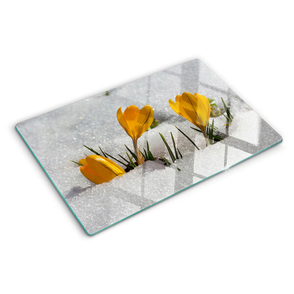 Deska kuchenna szklana z motywem krokusów na tle śniegu