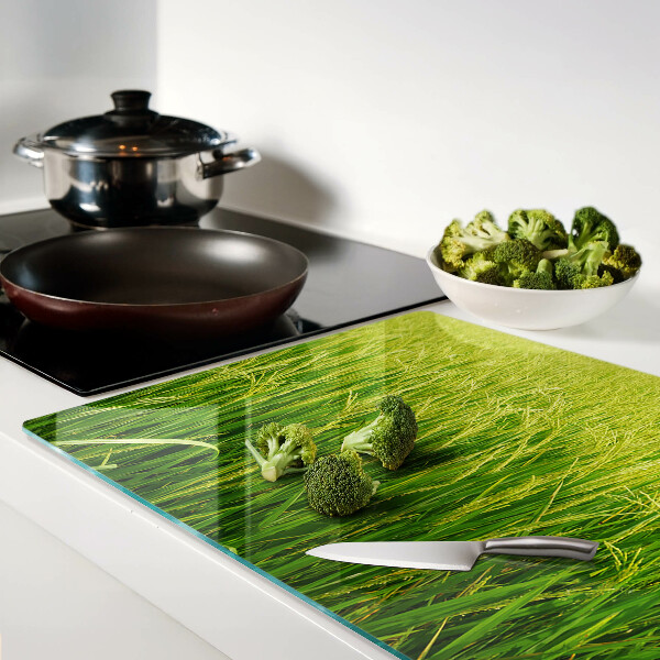 Szklana deska kuchenna z motywem zielonego pola trawy
