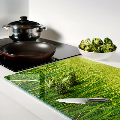 Szklana deska kuchenna z motywem zielonego pola trawy